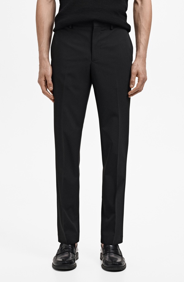 マンゴ メンズ ボトムス 心地好いズボン下 か細い相応う MANGO Slim Fit Flat Front Pants Black 黒いこと メンズファッション-ズボン・パンツ