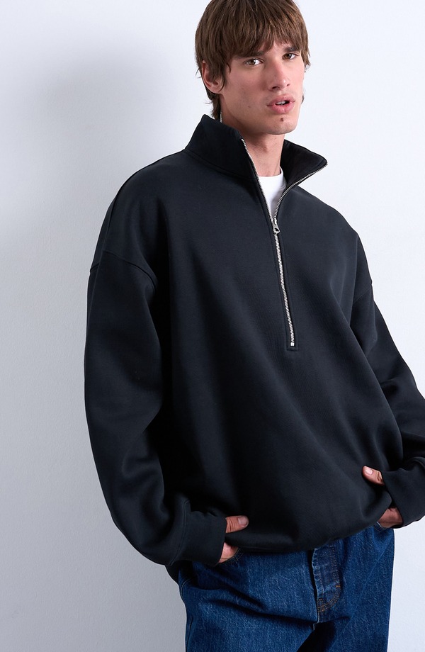 トップマン メンズ アウター パーカー・スウェット ハーフジップ Topman Oversize Quarter Zipullover Black ブラック