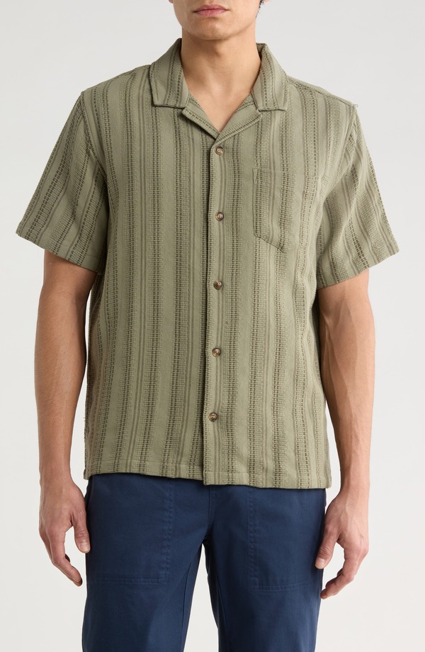 マリーン レイヤー メンズ トップス シャツ コットン Marine Layer Stripe Cotton Dobby Camp Shirt Olive オリーブ