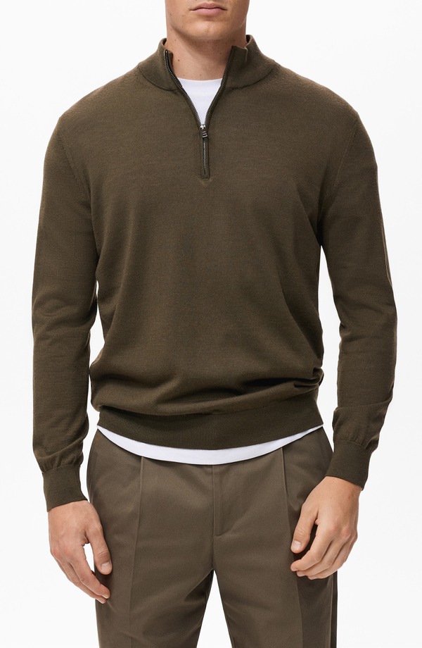 マンゴ メンズ アウター パーカー・スウェット ハーフジップ 羊毛 スウェーター MANGO Perkins Wool Quarter Zip Sweater Olive Green 緑であること