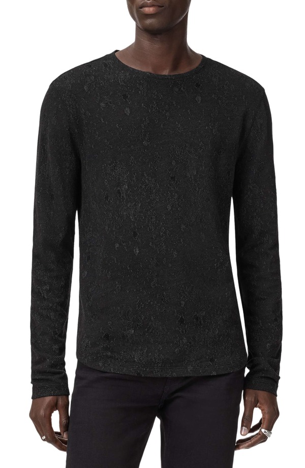 ジョンバルベイトス メンズ トップス Tシャツ クルーネック John Varvatos Vera Distressed Jacquard Long Sleeve Crewneck T-Shirt Black ブラック