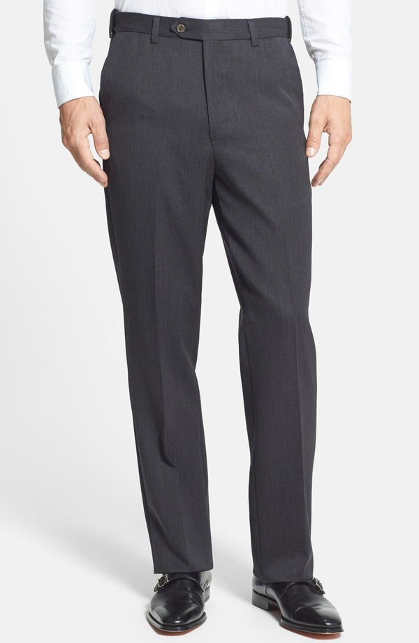 頭を覆う物 メンズ ボトムス 心地よいズボン下 羊毛 Berle Self Sizer Waist Flat Front Classic Fit Wool Gabardine Trousers Charcoal 濃灰色