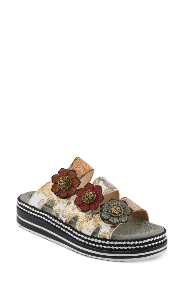 発条足取り レディース シューズ 踵 プラットホーム サンダル L\u0027Artiste by Spring Step Naomi Platform Slide Sandal Tan Multi タン