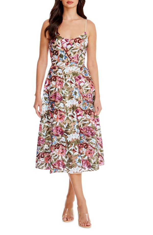 ドレスザポプレーション レディース トップス ワンピース フラワー柄 スパンコール フラワー Dress the Population Uma Sequin Floral Cocktail Dress Bright Fuchsia Multi フューシャ