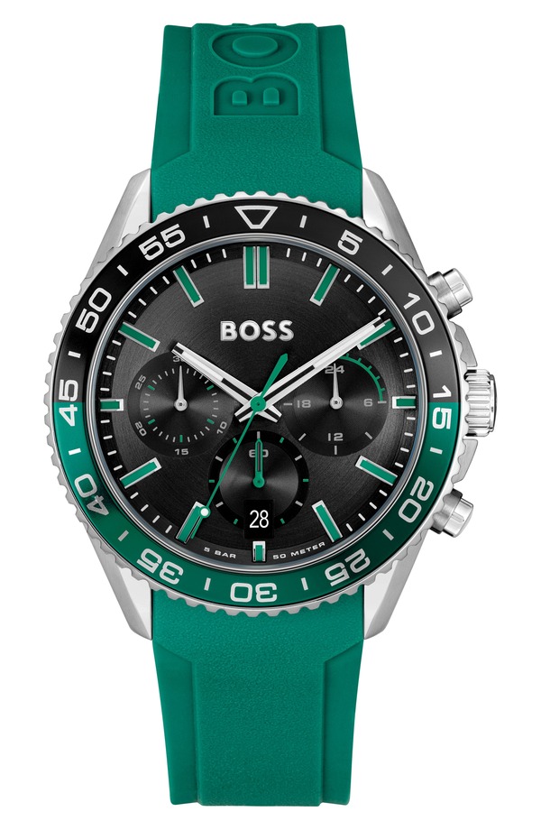 ボス メンズ アクセサリー 腕時計 BOSS Runner Chronograph Silicone Strap Watch, 44mm Black ブラック