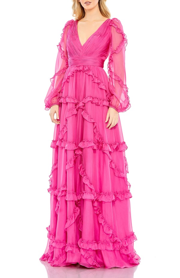 マックダガル レディース トップス ワンピース A ライン フリル Mac Duggal Cascaded Ruffle Puff Sleeve A Line Gown Fuchsia フューシャ