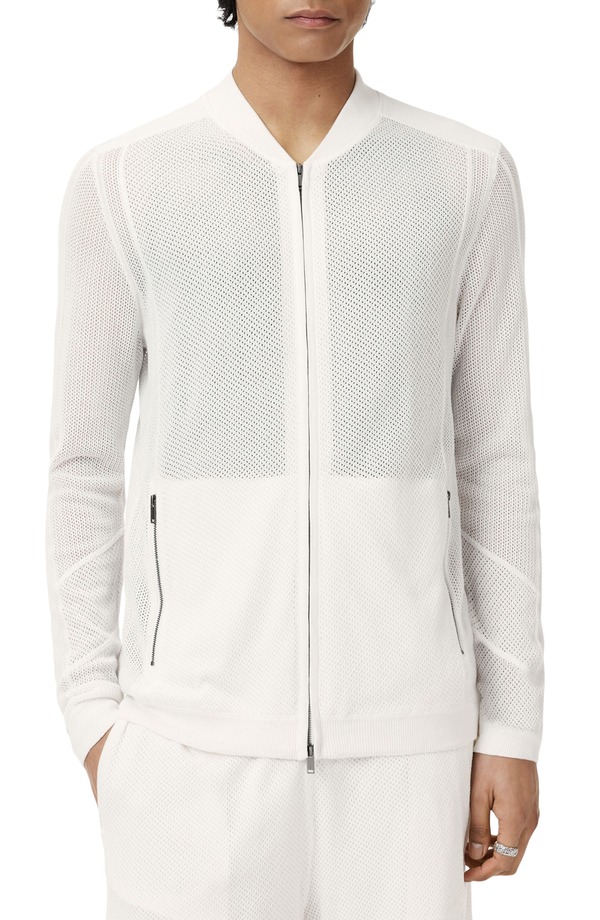 ジョンバルベイトス メンズ アウター パーカー・スウェット メッシュ スウェーター 綿織物 上衣 John Varvatos Wirths Organicotton Mesh Sweater Jacket White 白いこと パーカー-メンズファッション-トップス