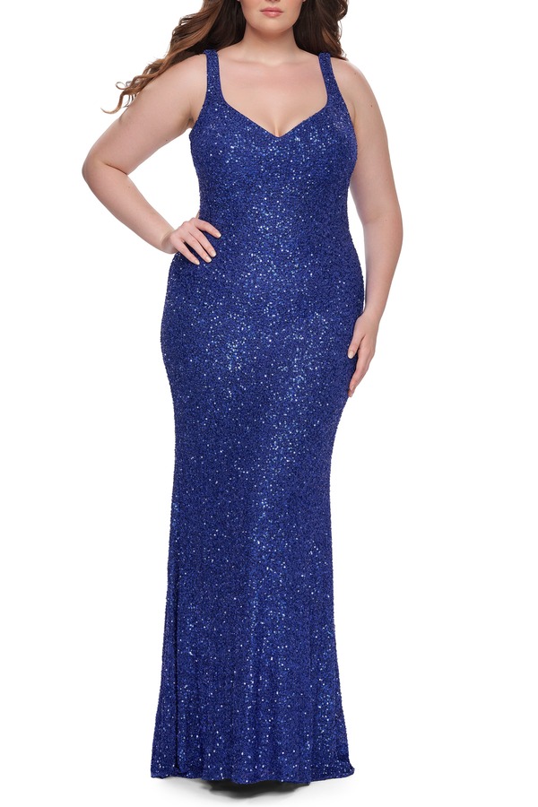 ラフェム レディース トップス ワンピース Vネック プラスサイズ スパンコール La Femme Fitted Stretch Sequin Plusize Dress with V-Neck Royal Blue ブルー｜ReVida 店