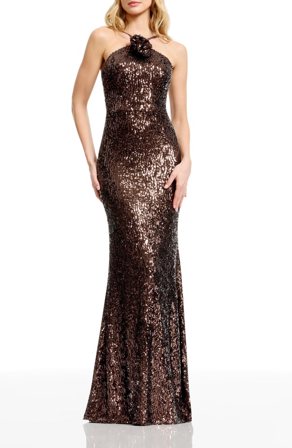 ドレスザポプレーション レディース トップス ワンピースパンコール ホルター Dress the Populationoemi Rosette Sequin Halter Gown Mocha モカ