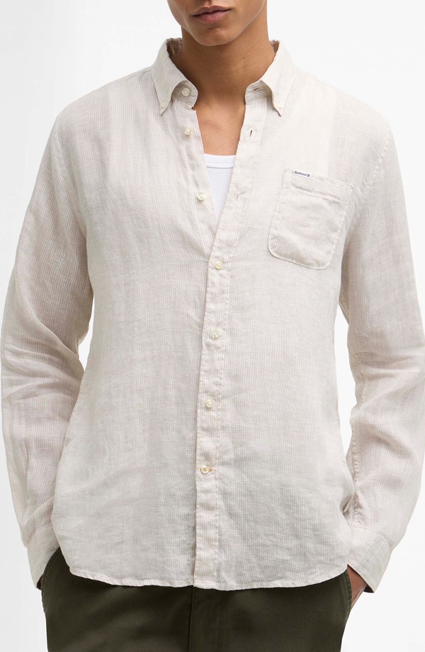 バブアー メンズ トップス プルオーバー 打ち倒す リネン Barbour Linton Tailored Fit Check Linen Button-Down Shirt Mist 照合のしるし カジュアルシャツ-トップス-メンズファッション