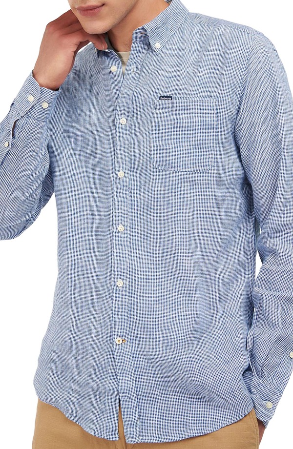 バブアー メンズ トップス プルオーバー 打ち倒す リネン Barbour Linton Tailored Fit Check Linen Button-Down Shirt Navy 米国海軍 トップス-カジュアルシャツ-メンズファッション