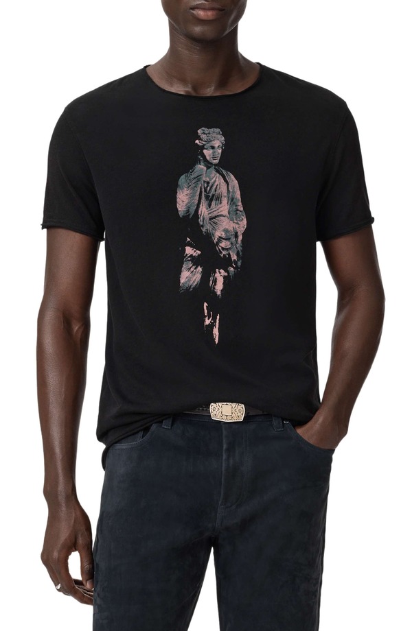 ジョンバルベイトス メンズ トップス ティーシャツ 綿織物 グラフィック John Varvatosculpture Raw Edge Cotton Graphic T-Shirt Black 黒いこと トップス-Tシャツ・カットソー-メンズファッション