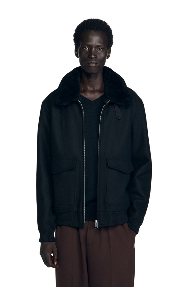 サンドロ メンズ アウター ジャケット・ブルゾン ウール SANDRO Wool aviator jacket with shearling Black ブラック