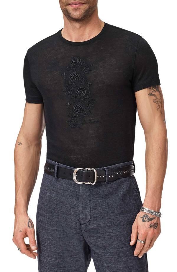 ジョンバルベイトス メンズ トップス Tシャツ 刺繍 リネン John Varvatos Rose Vinembroidered Linen T-Shirt Black ブラック