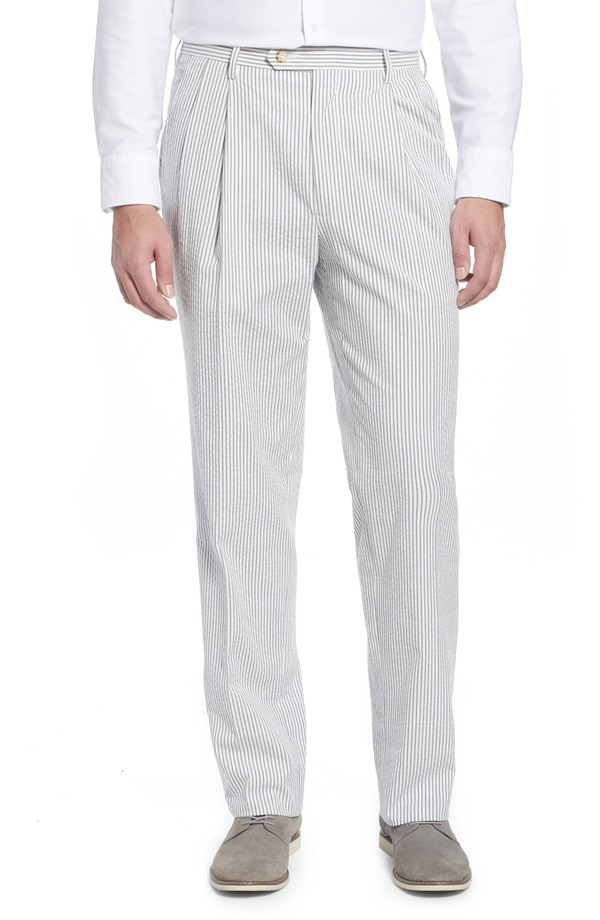 ベール メンズ ボトムス カジュアルパンツ プリーツ コットン Berle Pleated Seersucker Cotton Dress Pants Grey グレー