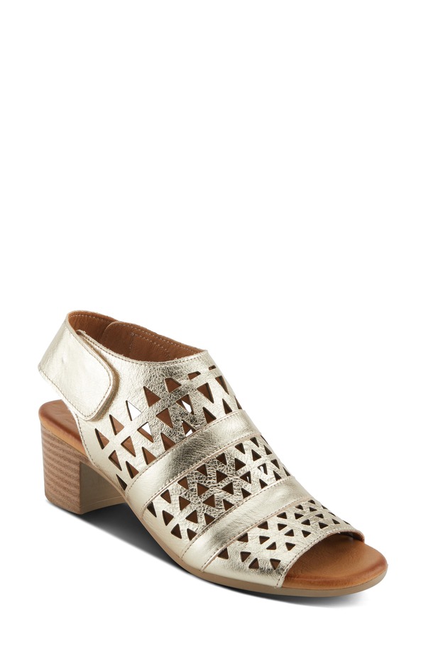 発条足取り レディース シューズ 踵 カットアウト サンダル Spring Step Dorotha Cutout Block Heel Sandal Gold ゴールド