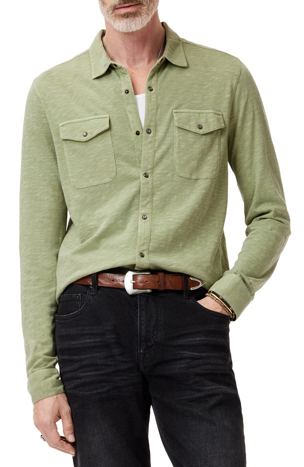 ジョンバルベイトス メンズ トップス シャツ コットン ニット John Varvatos Avron Slub Organicotton Knit Snap-Up Western Shirt Ivy|ReVida 店