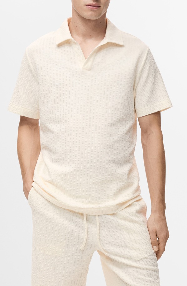 マンゴ メンズ トップス ポロシャツ MANGO Seersucker Johnny Collar Polo Ecru エクリュ|ReVida 店