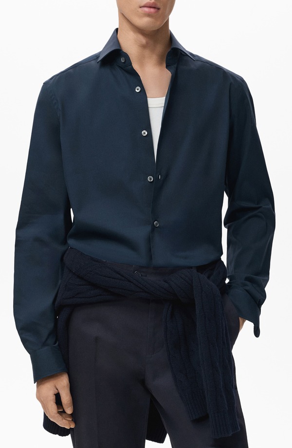 マンゴ メンズ トップス シャツ レギュラーフィット オックスフォード コットン MANGO Regular Fit Cotton Oxford Cloth Button-Up Shirt Navy ネイビー