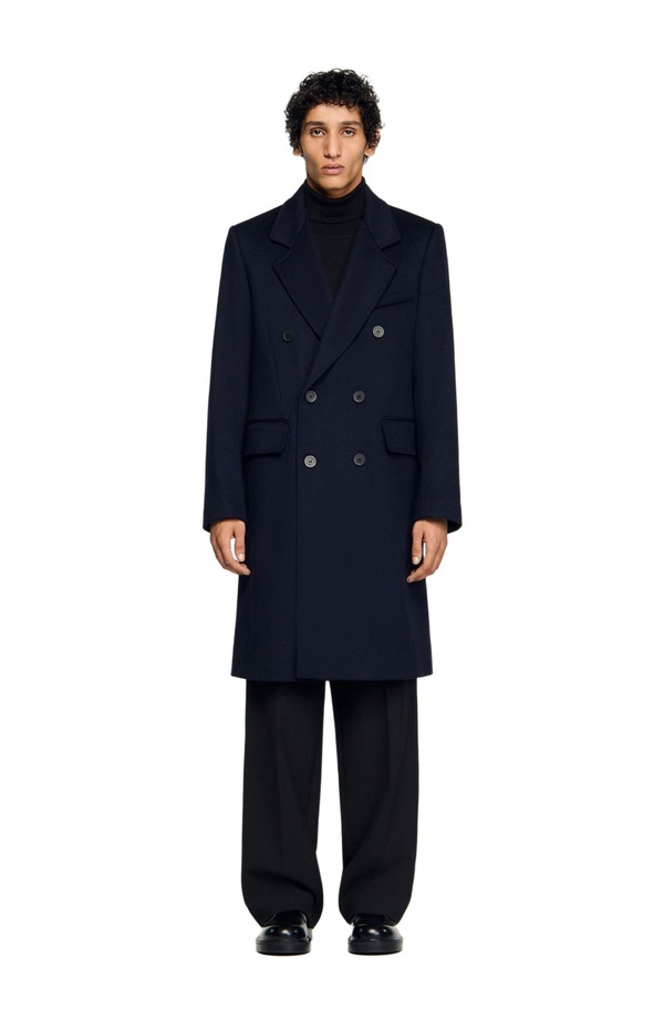 沙子ロ メンズ アウター 上衣・上衣 絨毛 厚地の外套 SANDRO Double-breasted wool coat Navy Blue 米国海軍 コート・ジャケット-メンズファッション