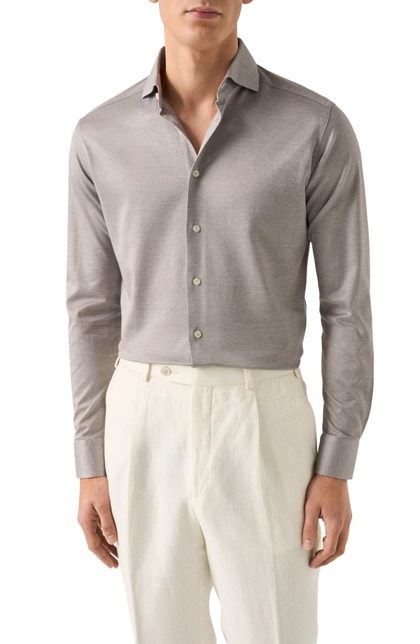 エトン メンズ トップス シャツ ジャージー Eton Contemporary Fit Filo di Scozia Jersey Dresshirt Medium Brown ブラウン