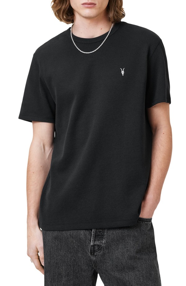 オールセインツ メンズ トップス Tシャツ コットン ニット AllSaints Ellis Waffle Knit Cotton T-Shirt Jet Black ブラック|ReVida 店