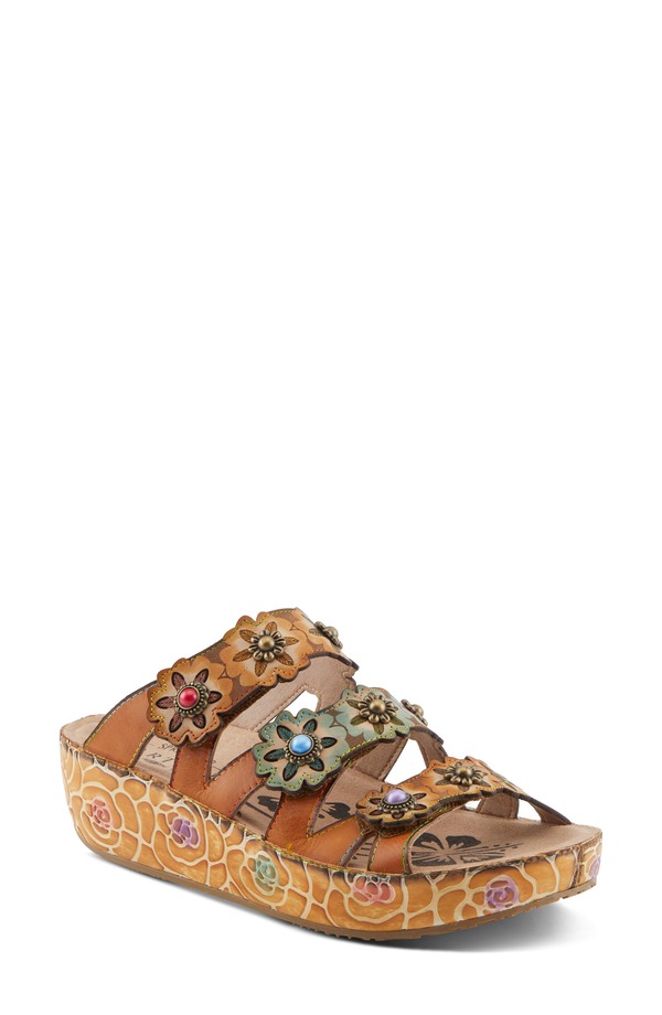 発条足取り レディース シューズ 踵 プラットホーム サンダル L\u0027Artiste by Spring Step Cuddlecake Platform Wedge Slide Sandal Camel Multi 駱駝