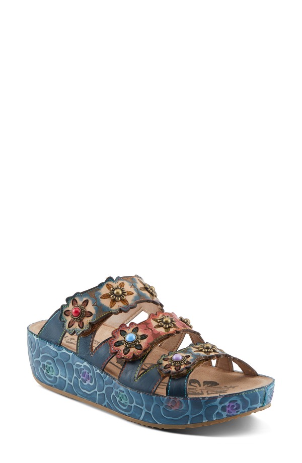 発条足取り レディース シューズ 踵 プラットホーム サンダル L\u0027Artiste by Spring Step Cuddlecake Platform Wedge Slide Sandal Navy Multi 米国海軍