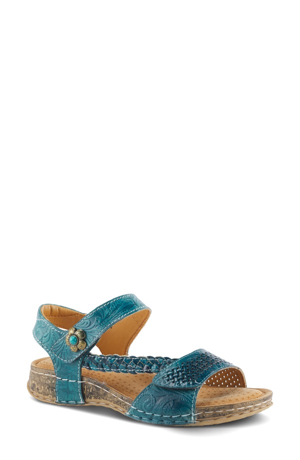 発条足取り レディース シューズ 踵 非対称 サンダル アンクル L\u0027Artiste by Spring Stepopular Asymmetric Ankle Strap Sandal Blue 青み