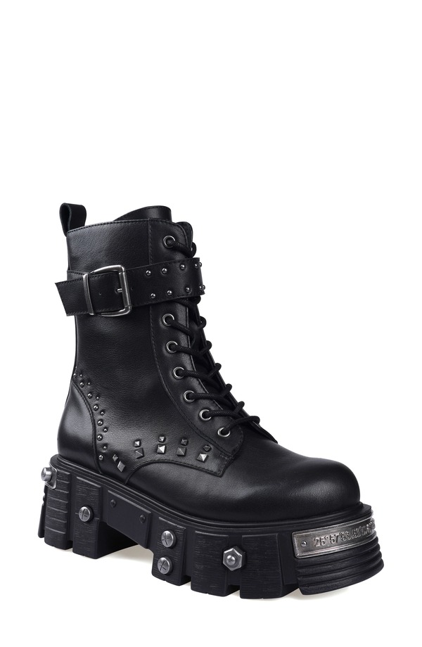 ジジ レディース シューズ ブーツ・レインブーツ ZIGI Monik Stud Lug Sole Combat Boot Blk Leathe