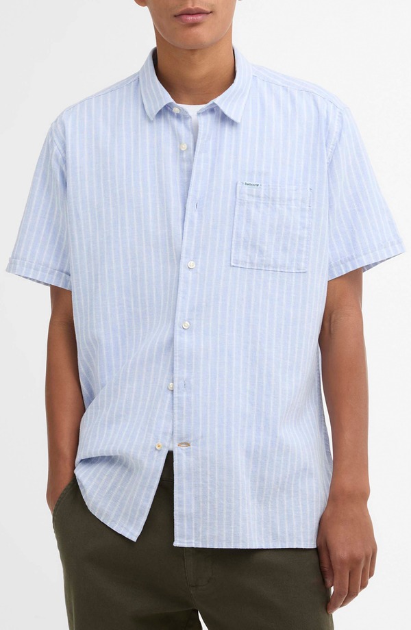 バブアー メンズ トップス シャツ コットン リネン Barbour Nelson Stripe Short Sleeve Linen & Cotton Button-Up Shirt Blue ブルー|ReVida 店