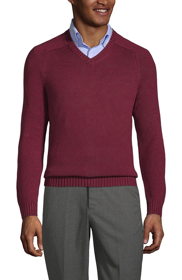 ランズエンド メンズ トップス Tシャツ Vネック セーター コットン Lands' End School Uniform Young Cotton Modal V-neck Sweater Burgundy バーガンディ
