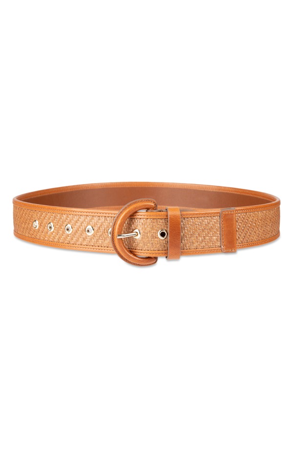 コールハーン レディース アクセサリー ベルト レザー Cole Haan Leather Trim Raffia Beltan/ Natural タン|ReVida 店