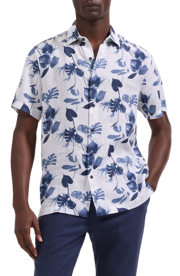 ブガッチ メンズ トップス シャツ プリント Bugatchi Orson Shaped Fit Leaf Print Short Sleeve Button-Up Shirt Navy ネイビー