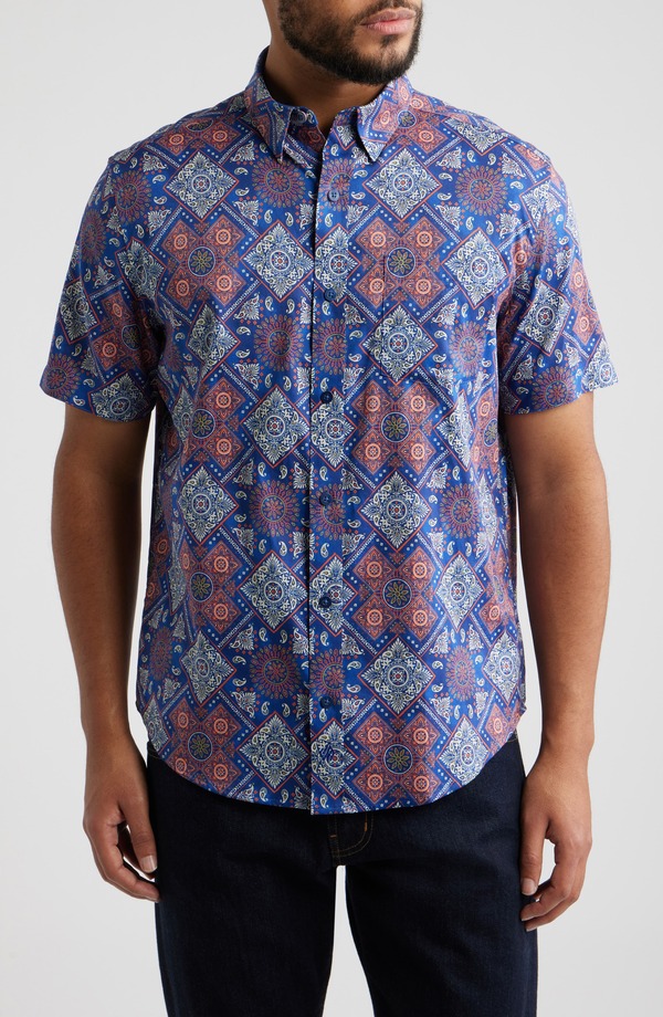 ジョンストンアンドマーフィー メンズ トップス プルオーバー 刷り上げる 綿織物 Johnston \u0026 Murphy Logan Geo Print Short Sleeve Cotton Blend Button-Up Shirt Navy / Red Bandana 米国海軍