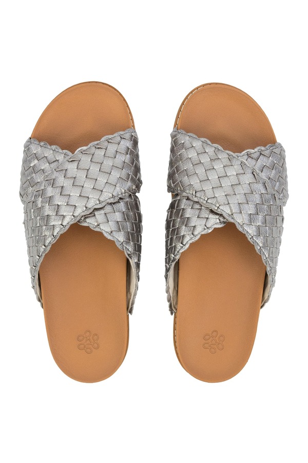 ザサック レディース シューズ 踵 サンダル なめし革 The Sak Penelope Leather Woven Slip On Sandal Pyrite Woven