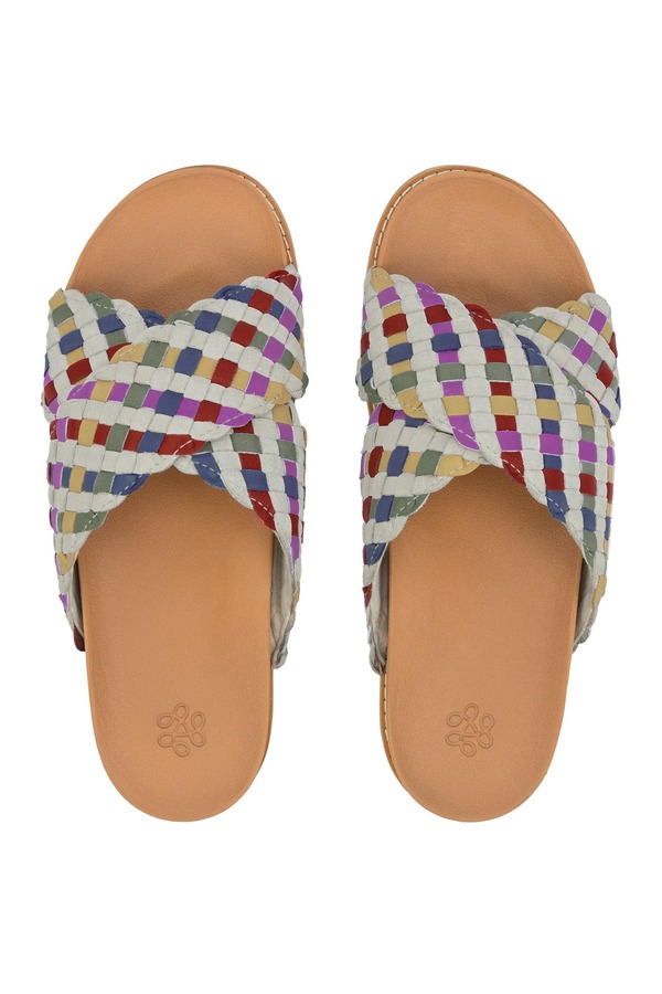 ザサック レディース シューズ 踵 サンダル なめし革 The Sak Penelope Leather Woven Slip On Sandal Stone Multi Woven 石ころ
