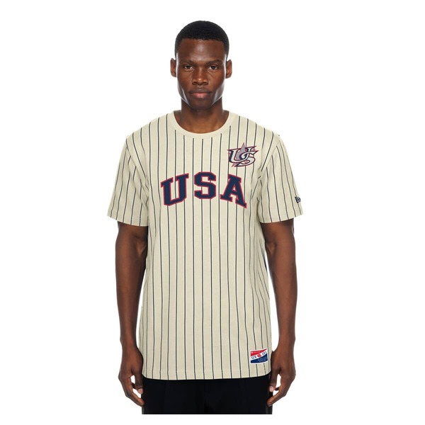 ニューエラ メンズ トップス Tシャツ メッシュ Men's New Era Cream USA Baseball Throwback Meshback Pinstripe T-Shirt Cream クリーム