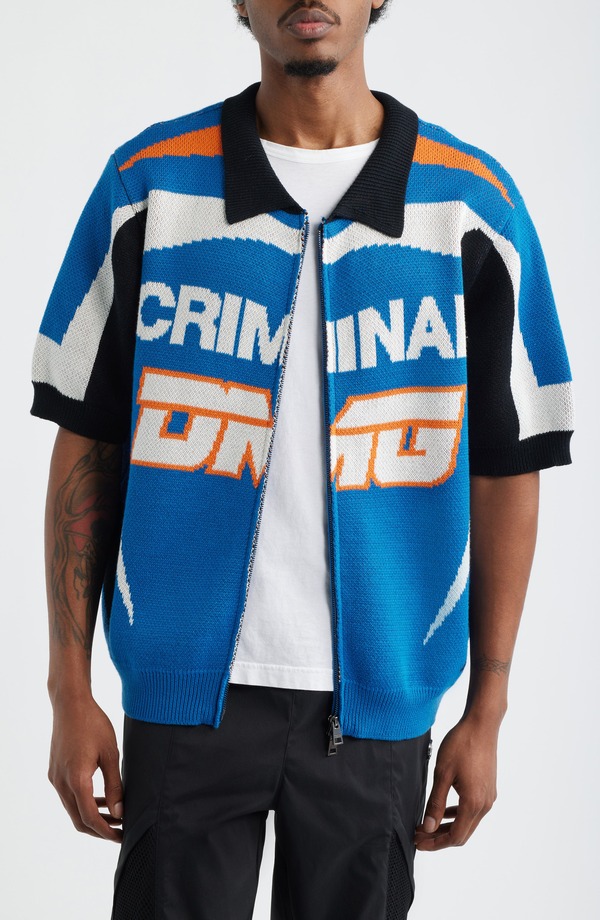 クリミナルダメージ メンズ トップス シャツ カーディガン ニット CRIMINAL DAMAGE Racer Knit Zip-Up Cardigan Blue/ Orange/ Black/ Ecru エクリュ