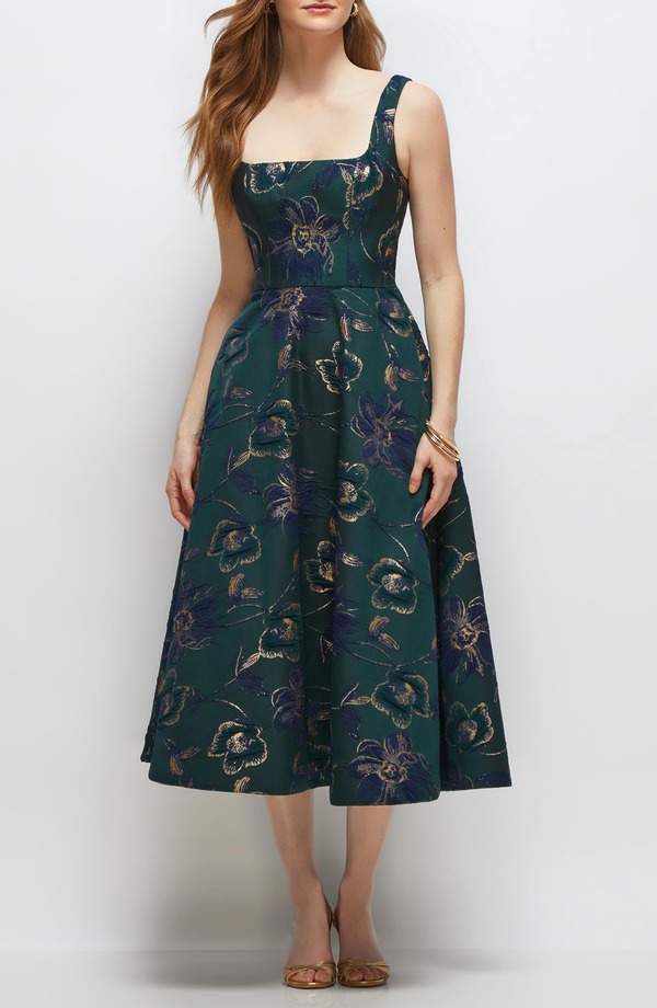ドレッシーコレクション レディース トップス ワンピース ミディ トール Dessy Collection Metallic Square Neck Jacquard Midi Cocktail Dress Evergreen Floral メタリック