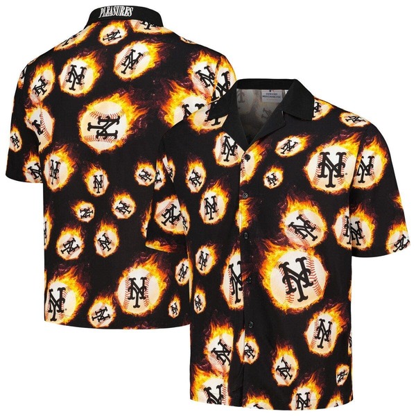プレジャーズ メンズ トップス シャツ Men's PLEASURES Black New York Mets Flame Fireball Button-Up Shirt Black ブラック｜ReVida 店