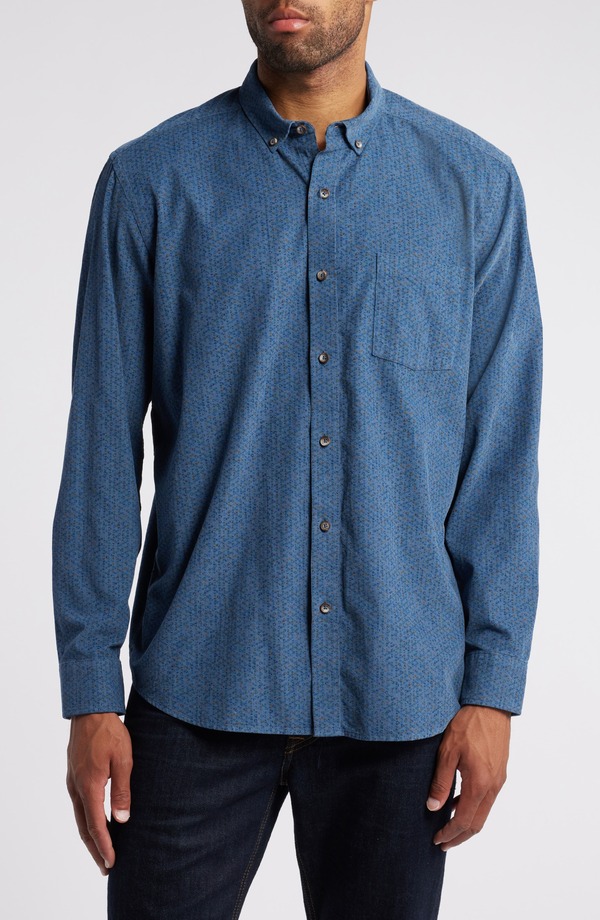 ジョンストンアンドマーフィー メンズ トップス プルオーバー コール天 刷り上げる 落ちこむ Johnston \u0026 Murphy Overdye Print Corduroy Button-Down Shirt Blue 青色
