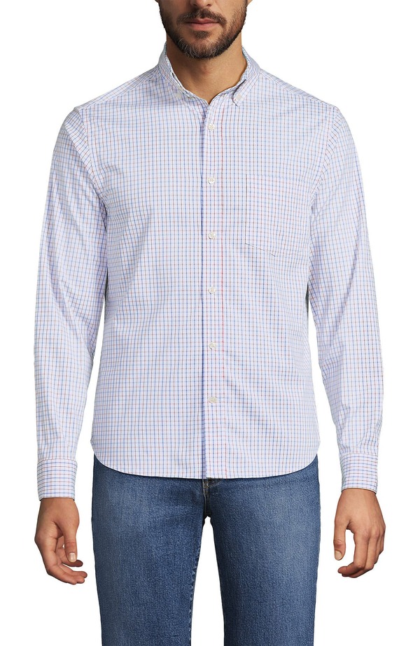 ランズエンド メンズ トップス シャツ Lands' End Traditional Fit Long Sleeve Travel Kit Shirt Bourbon/White Plaid ホワイト