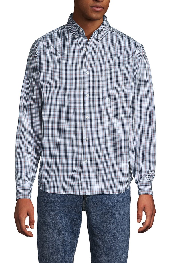 ランズエンド メンズ トップス シャツ Lands' End Traditional Fit Long Sleeve Travel Kit Shirt Light Indigo/Pink Plaid インディゴ