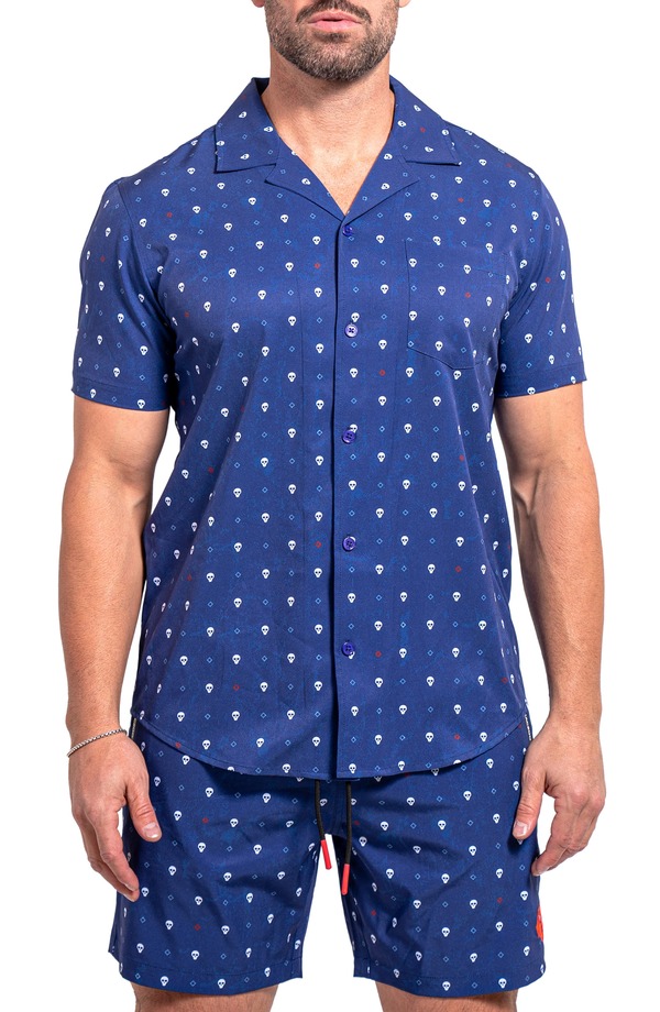 マセオ メンズ トップス シャツ コットン Maceoo Beachskull Blue Short Sleeve Cotton Button-Up Shirt Blue ブルー