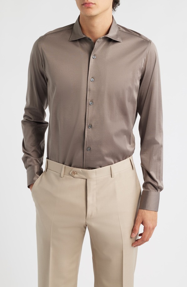 カナーリ メンズ トップス シャツ レギュラーフィット コットン ジャージー Canali Regular Fit Cotton Jersey Dresshirt Brown ブラウン