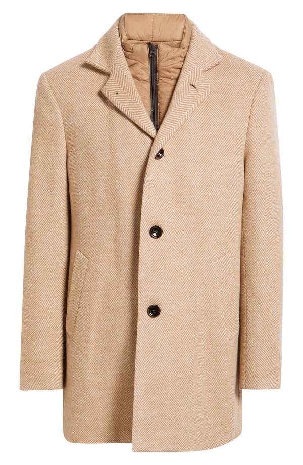ザネッラ メンズ アウター 上衣・上衣 キルティング 羊毛 厚地の外套 Zanella Drake Wool \u0026 Cashmere Herringbone Overcoat with Removable Quilted Bib Camel 駱駝