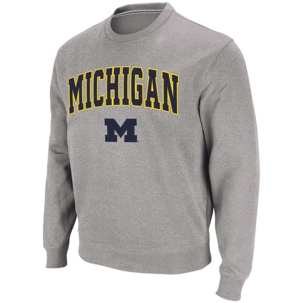 コロシアム メンズ アウター パーカー・スウェット クルーネック シャツ ロゴ Men Colosseum Heather Gray Michigan Wolverines Arch \u0026 Logo Crew Neck Sweatshirt Heather Gray グレー