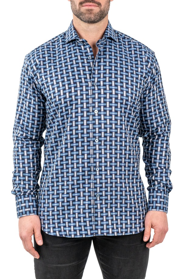 マセオ メンズ トップス シャツ コットン Maceoo Einstein Jacqdigiweave Blue Contemporary Fit Cotton Blend Button-Up Shirt Blue ブルー