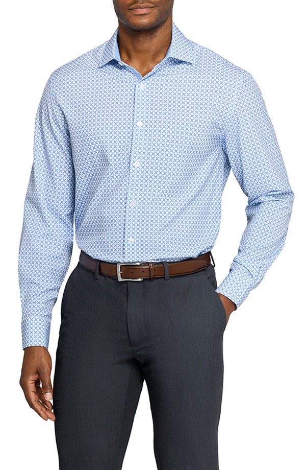 ダブリューアールケー メンズ トップス プルオーバー か細い相応う 刷り上げる W.R.K Slim Fit Blue Geometric Print Performance Dresshirt White/ Blue 白いこと トップス-カジュアルシャツ-メンズファッション